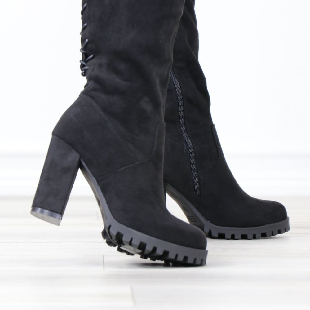 Full Lace-Up Back Black Faux Suede Thigh High Over The Knee Lug Block Heel Boots - Picture 8 of 14